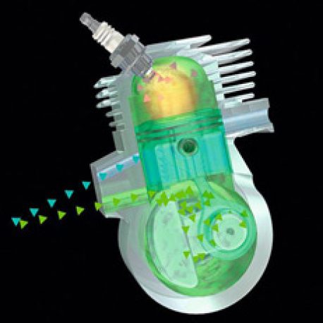 Stihl BR 200 Lövblås: En genomskinlig illustration som visar den innovativa 2-mix motorns inre funktioner, med pilar som indikerar luft- och bränsleflöde.