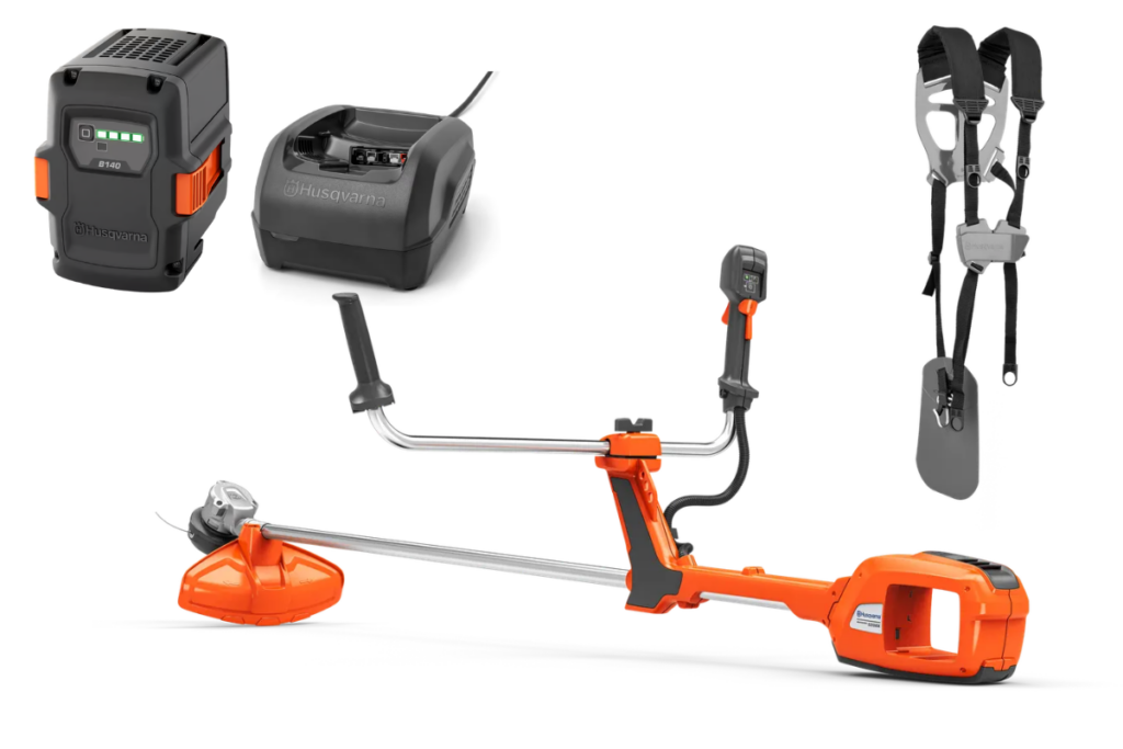 Paket med trimmer, batteri, laddare och sele från Husqvarna