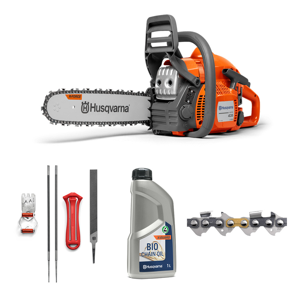 Komplett Husqvarna 435 II Startpaket med bensindriven kedjesåg, högkvalitativ X-CUT SP33G sågkedja, miljövänlig X-GUARD Bio kedjeolja, och fullständigt filkit med handtag, kombimall, rundfilar och flatfil för professionell sågning.