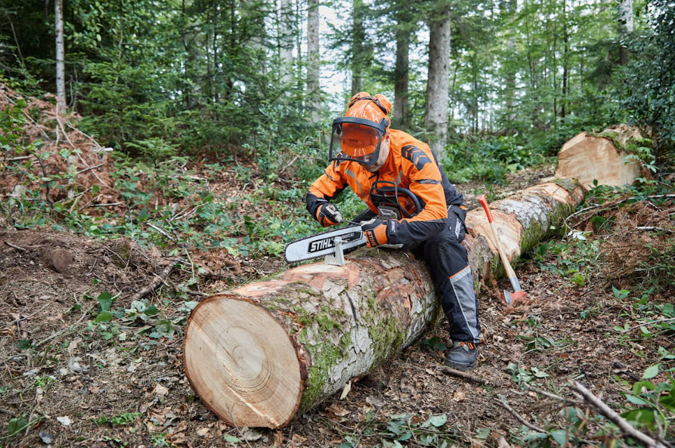 En person i orange skyddsutrustning och hjälm med ansiktsskydd som använder en STIHL motorsåg för att skära en logg i en skogsmiljö.