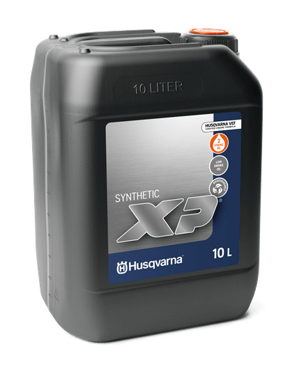 Husqvarna Tvåtaktsolja XP Bio Synth 10 L i en grå behållare med en orange kork, framhävande 'SYNTHETIC XP' och Husqvarna-logotypen på etiketten.