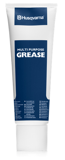 En tub med Husqvarna Universalfett 225gr, märkt 'MULTI PURPOSE GREASE', i vit och blå design.